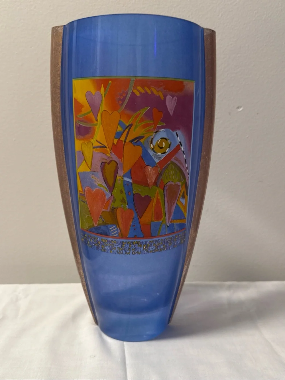 Goebel Blue Glass Vase with Multicolor Heart Motif signed MARA! 30cm tall